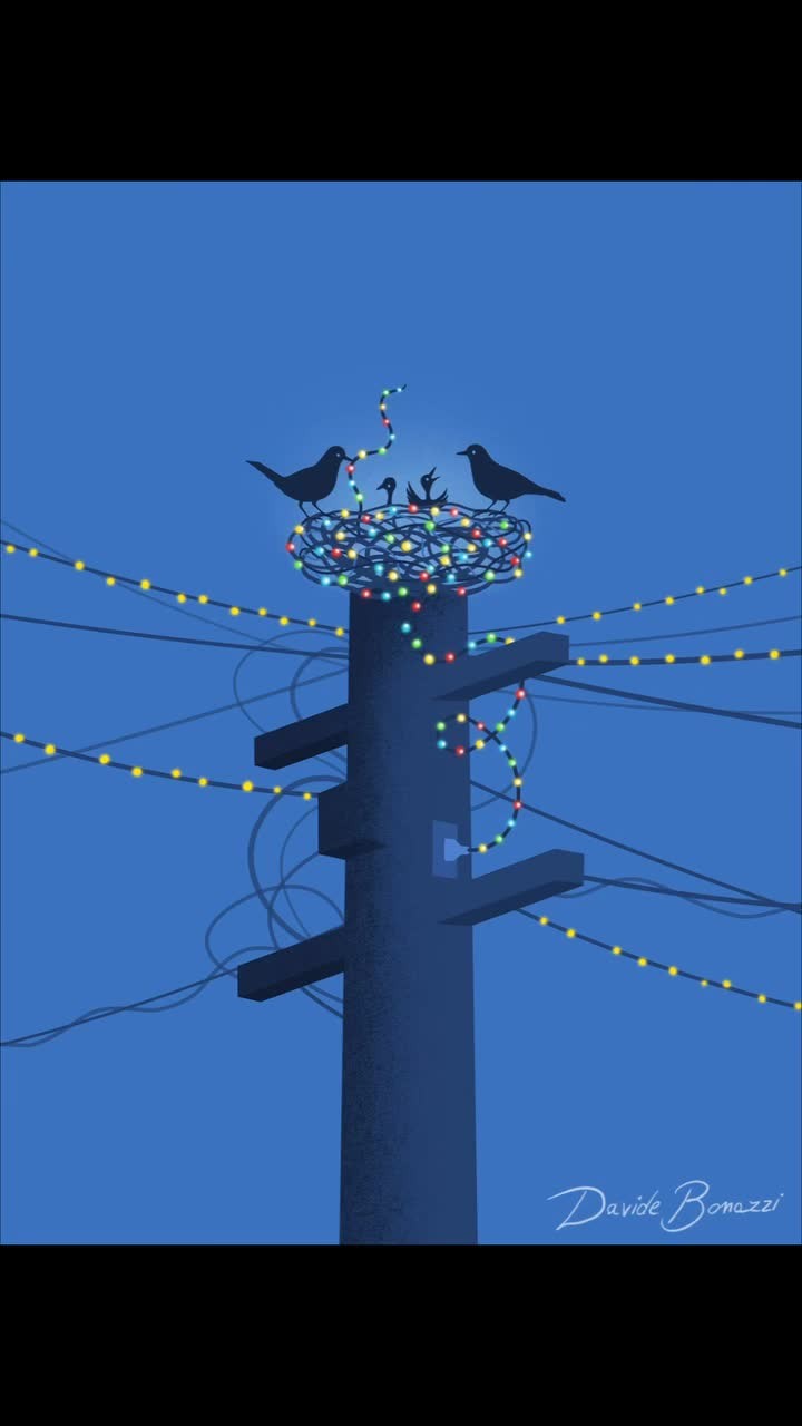 Whimsical illustration of two black birds perched on a nest atop a telephone pole, illuminated with festive string lights, against a blue sky.