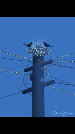 Whimsical illustration of two black birds perched on a nest atop a telephone pole, illuminated with festive string lights, against a blue sky.