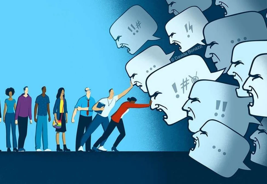 Illustration of a diverse group of people pushing back against angry speech bubbles, depicting the fight against negative online commentary.