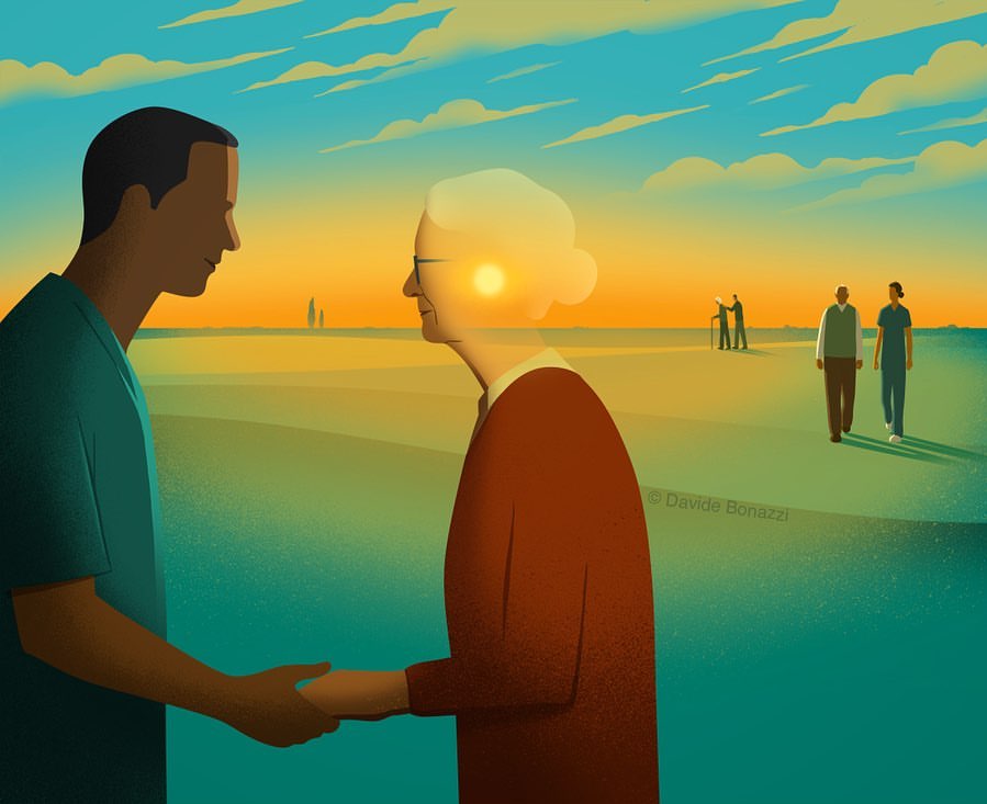 Illustration of an elderly woman and a young man holding hands against a warm sunset sky, suggesting themes of care, memory, and aging.