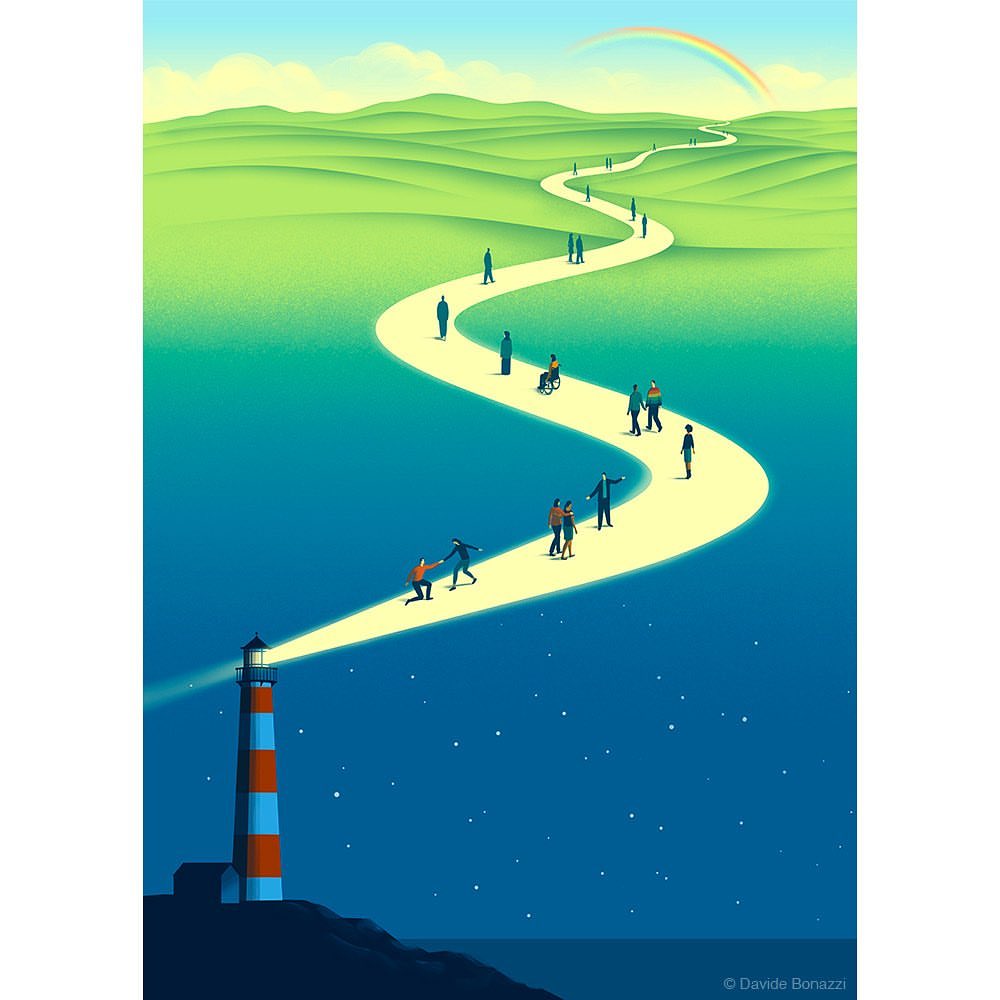 Illustration of people on a winding path toward a rainbow, illuminated by a lighthouse against a starry, blue background.