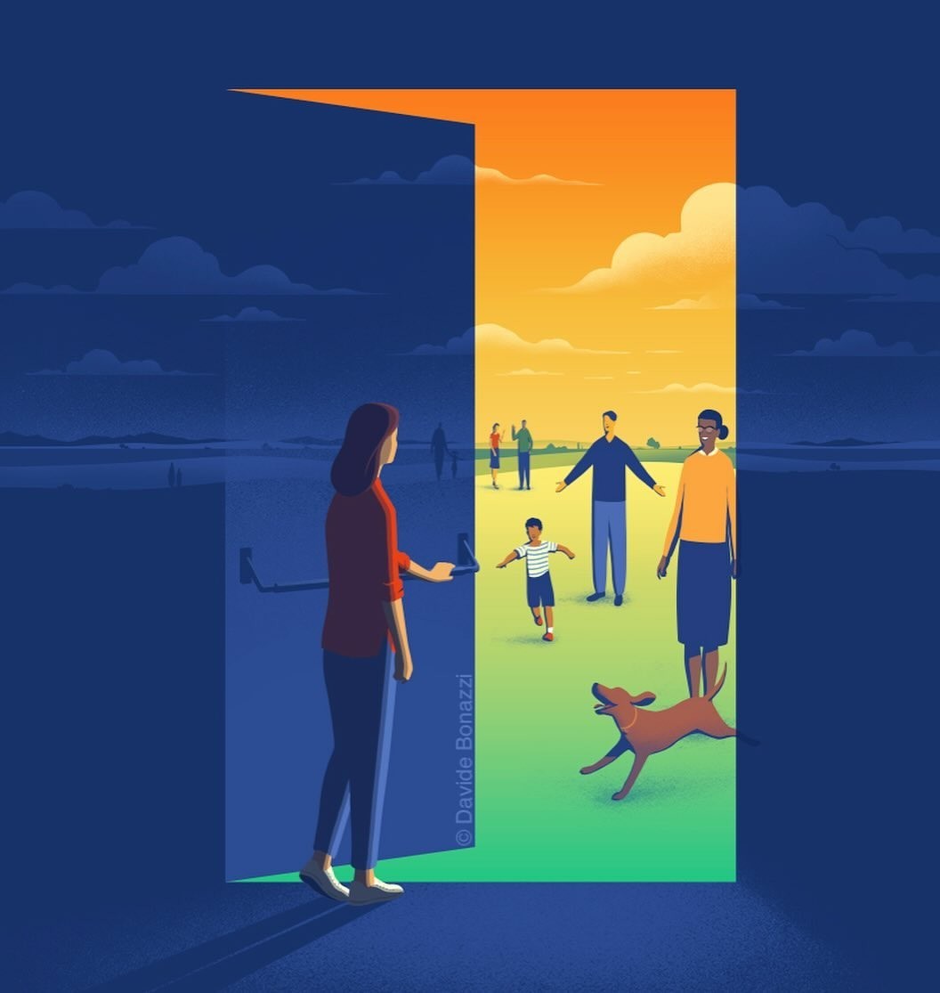 Illustration of a woman entering a doorway into a bright, sunny scene with a family, child, and dog, contrasting with a darker, muted world.