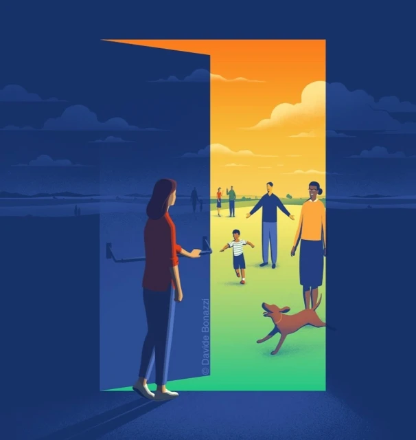 Illustration of a woman entering a doorway into a bright, sunny scene with a family, child, and dog, contrasting with a darker, muted world.