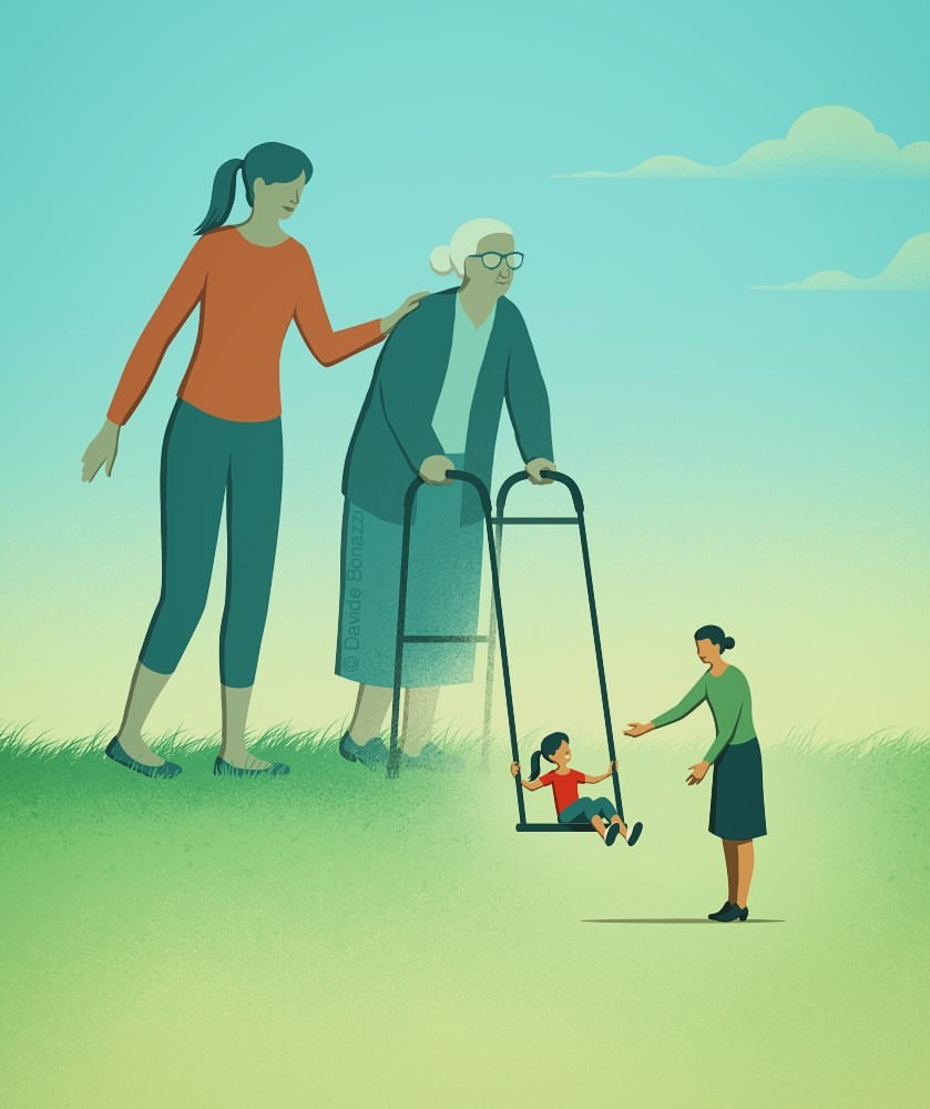 Illustration showing intergenerational relationships with a child on a swing, an elderly woman with a walker, and two younger women.