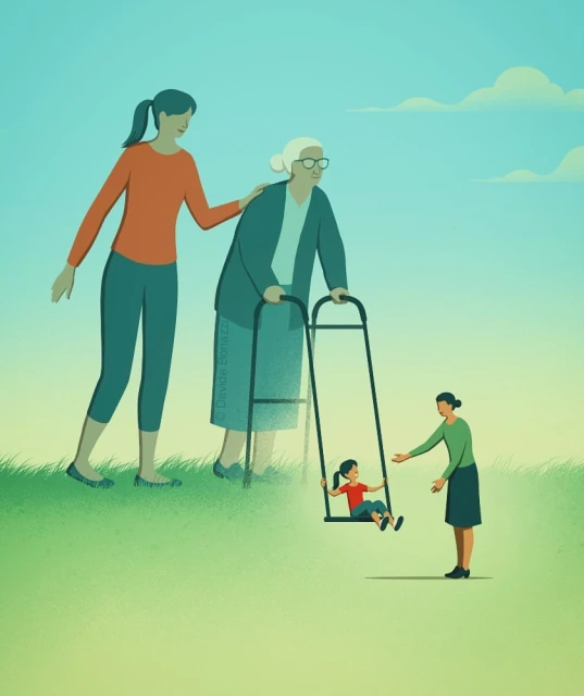 Illustration showing intergenerational relationships with a child on a swing, an elderly woman with a walker, and two younger women.