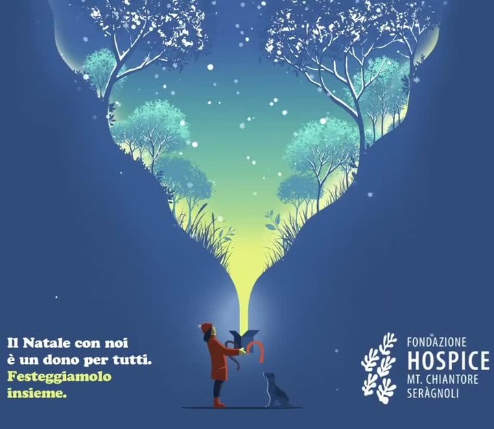 Illustration with a person holding a gift in a landscape with trees, stars, and a dog. The illustration has a night-time ambiance.