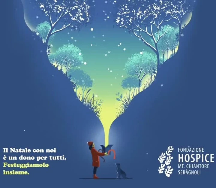 Illustration with a person holding a gift in a landscape with trees, stars, and a dog. The illustration has a night-time ambiance.