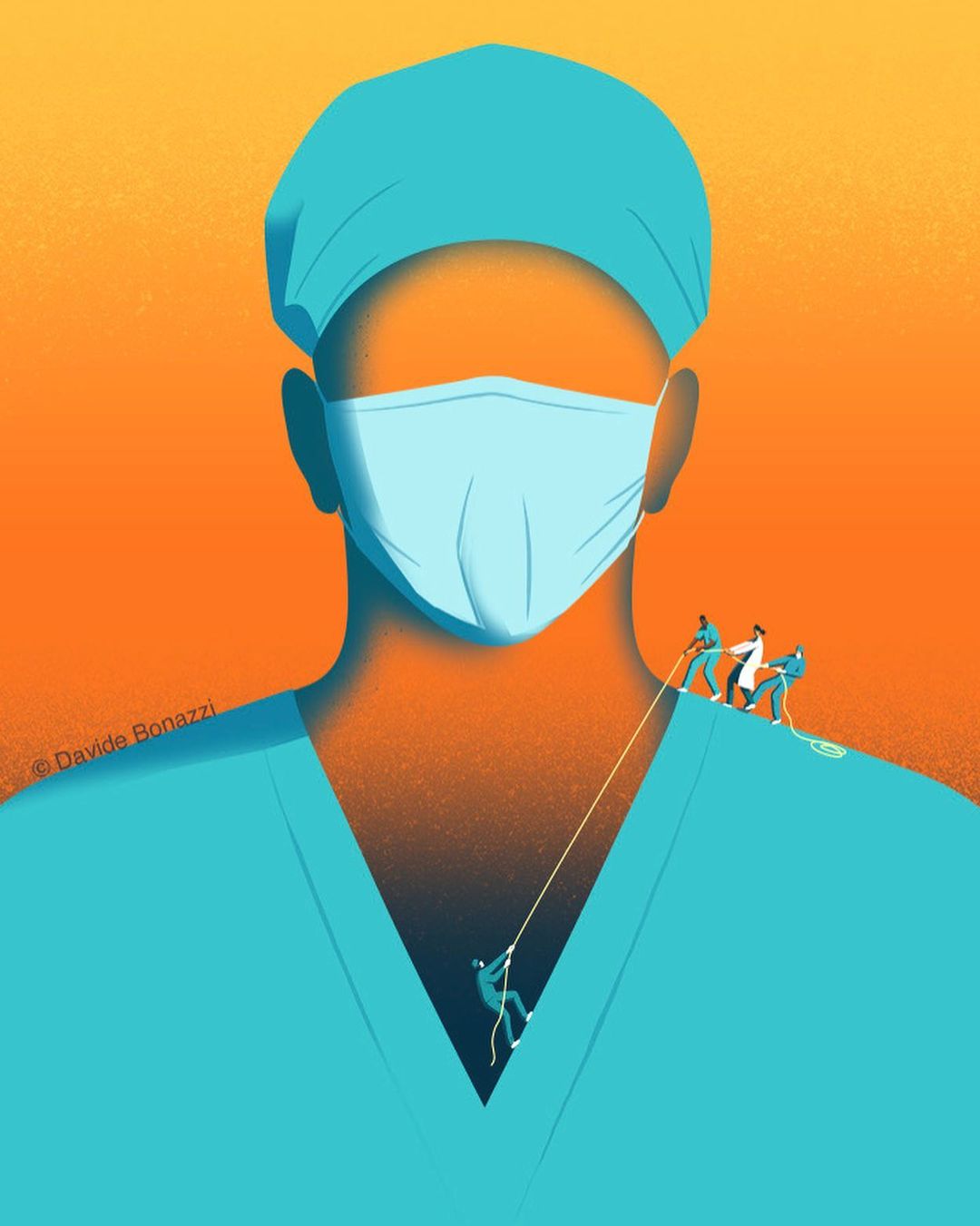 Illustration depicting medical staff pulling a person up a mountain, with a masked doctor in the foreground against an orange backdrop.
