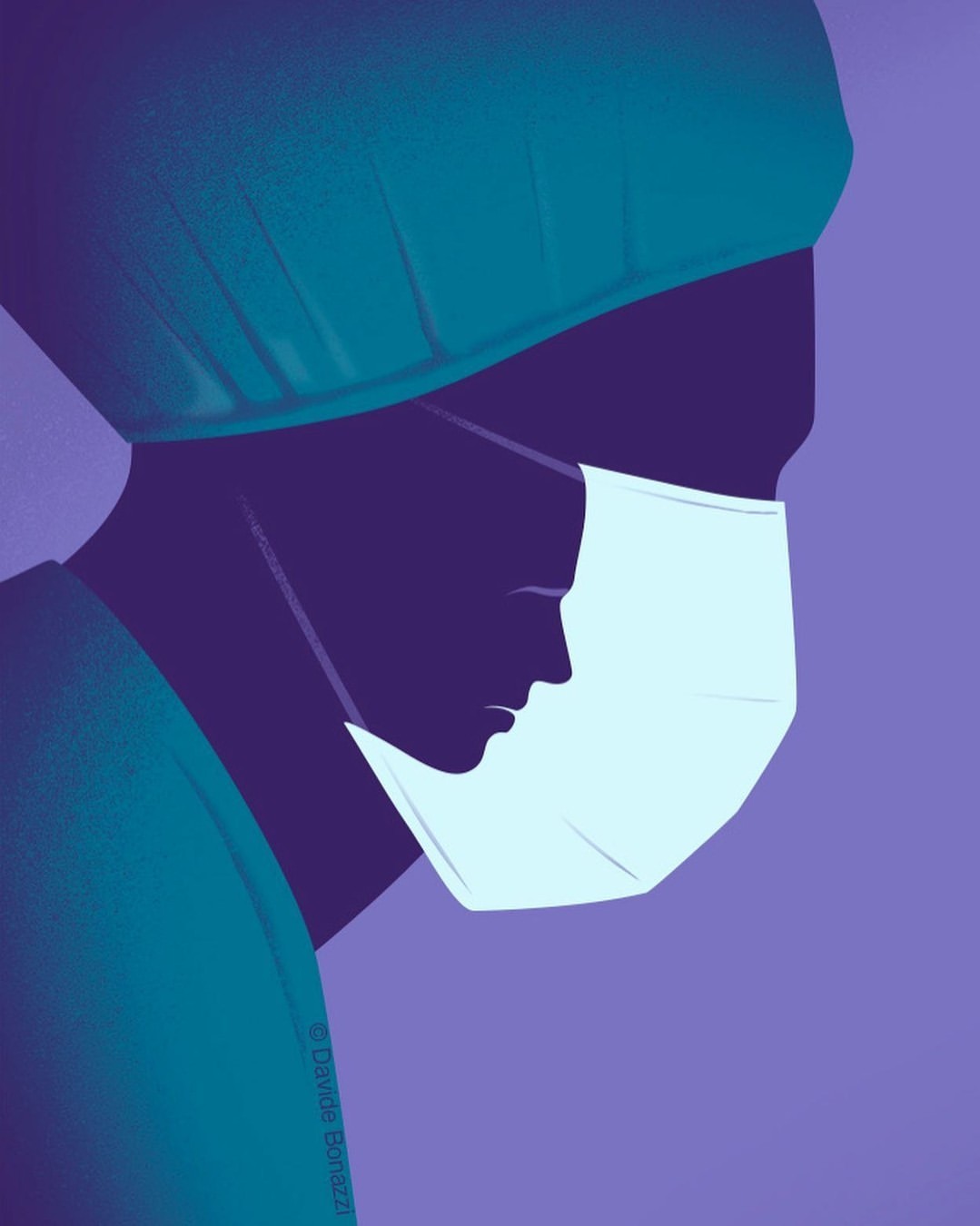 Illustration of a person wearing a medical mask and surgical cap, set against a soft violet background, in shades of teal and purple.