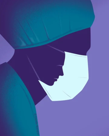 Illustration of a person wearing a medical mask and surgical cap, set against a soft violet background, in shades of teal and purple.
