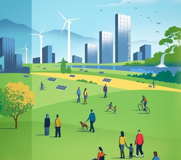 Illustration of urban park with people, wind turbines, solar panels, buildings, waterfall, and greenery in bright daylight.