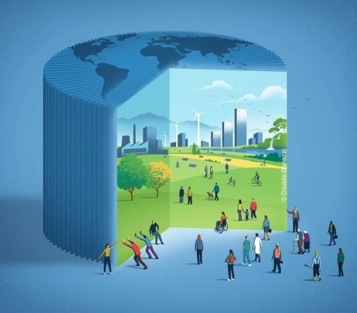 Illustration of a book shaped like the Earth, opening to reveal a green urban landscape with people, buildings, and renewable energy.