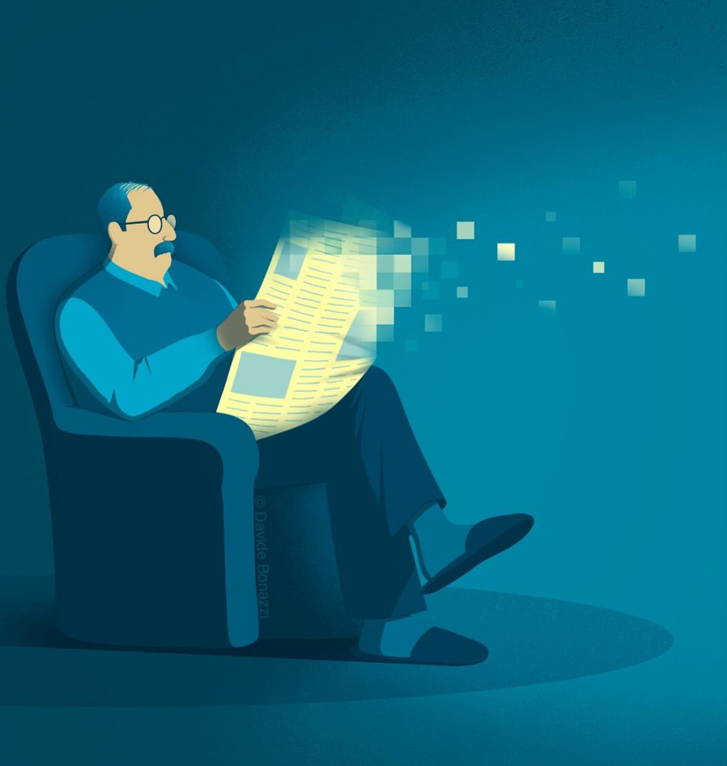 Illustration of a mature man with glasses and mustache sitting in a blue armchair, reading a dissolving newspaper against a blue background.