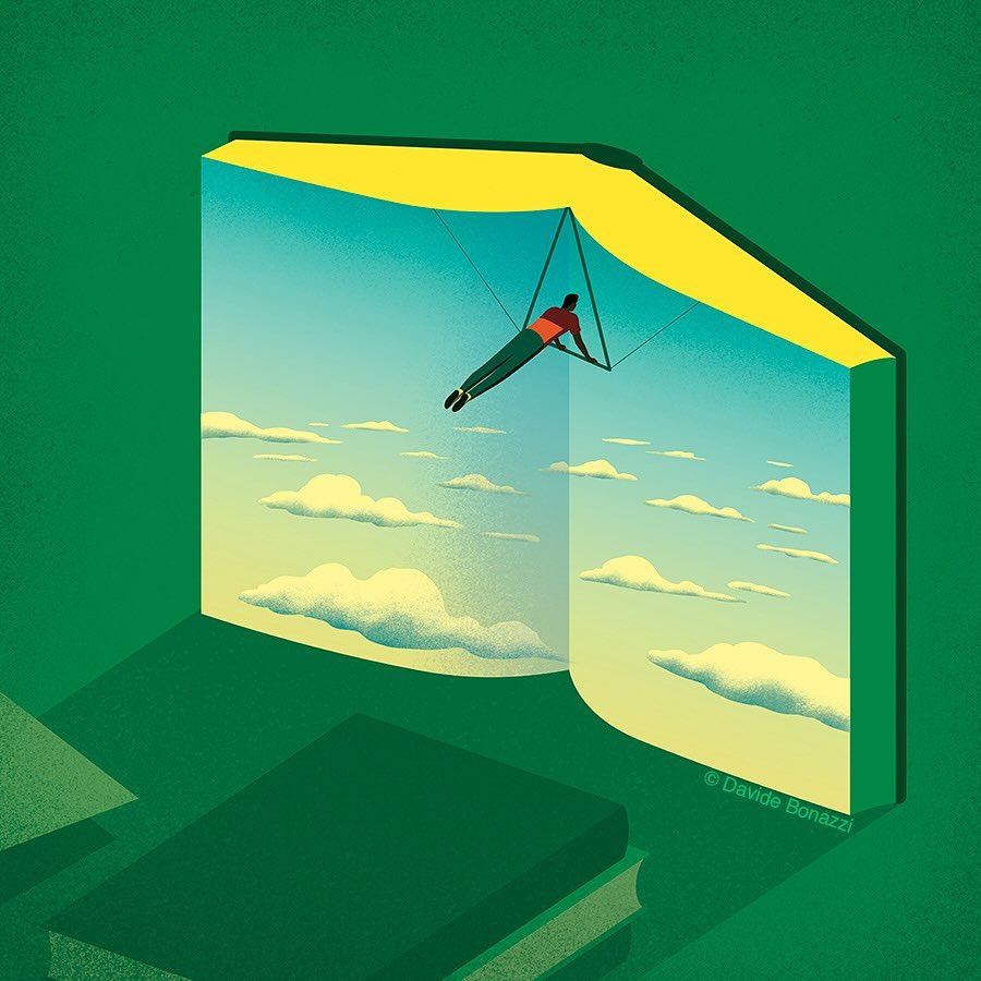 Illustration: Person hangs gliding within a large open book against a cloudy sky, promoting reading as an adventurous journey.