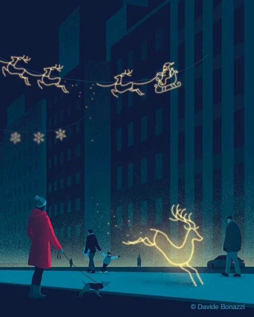 Illustration of a city street at night with Christmas lights in the shape of Santa's sleigh, reindeer, and a glowing reindeer on the ground.