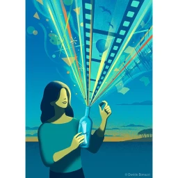 Illustration of a woman opening a glass bottle releasing film strips, hot air balloons and creative elements into the sky
