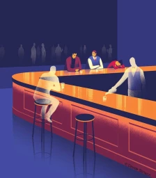 Digital illustration of figures at a glowing bar counter with blue shadows and warm amber lighting by Davide Bonazzi.