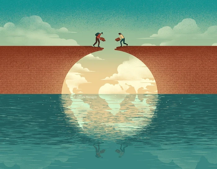 Digital illustration by Davide Bonazzi showing two people bridging a gap in a cliff over a large globe above water.