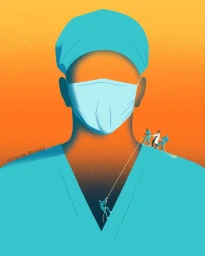Digital illustration by Davide Bonazzi of a surgeon in blue scrubs and face mask with tiny figures climbing a rope on the collar.