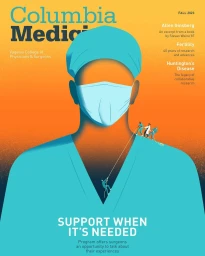 Digital illustration by Davide Bonazzi of a surgeon in blue scrubs and face mask with tiny figures climbing ropes across the shoulders