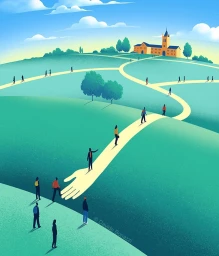 Digital illustration by Davide Bonazzi showing small figures walking along paths over rolling green hills leading to a building.