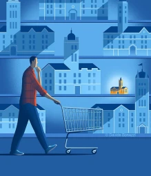Illustration of a man in a red plaid shirt pushing an empty shopping cart through a blue-toned city street graphic.