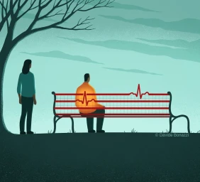 Digital illustration of a man seated on a park bench with a red heartbeat line running through it while a woman stands nearby