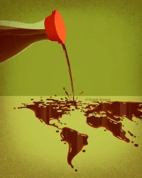 Illustration of a bottle pouring dark liquid forming a world map splash by Davide Bonazzi