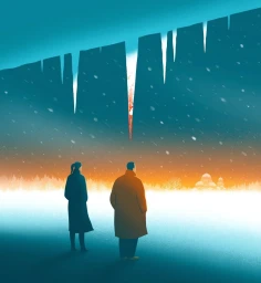 Illustration by Davide Bonazzi of two people looking up at giant icicles under a twilight sky with snow falling.
