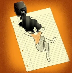 An illustrated woman relaxing on lined paper where flowing black ink from a tipped bottle forms her hair, by Davide Bonazzi.