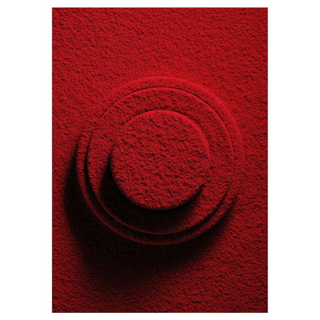 Abstract red background with raised circular pattern. Monochromatic textured surface with concentric ring design and subtle shadows.