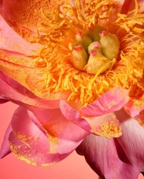 Extreme macro close-up of a pink peony flower center covered in yellow pollen grains and dusted with orange powder.