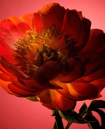 Close up macro photograph of a vibrant red flower with detailed stamens against a warm pink background by Davide Cassinari