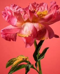 Close-up macro photography of a pink peony flower with yellow pollen dust against a solid coral pink background.