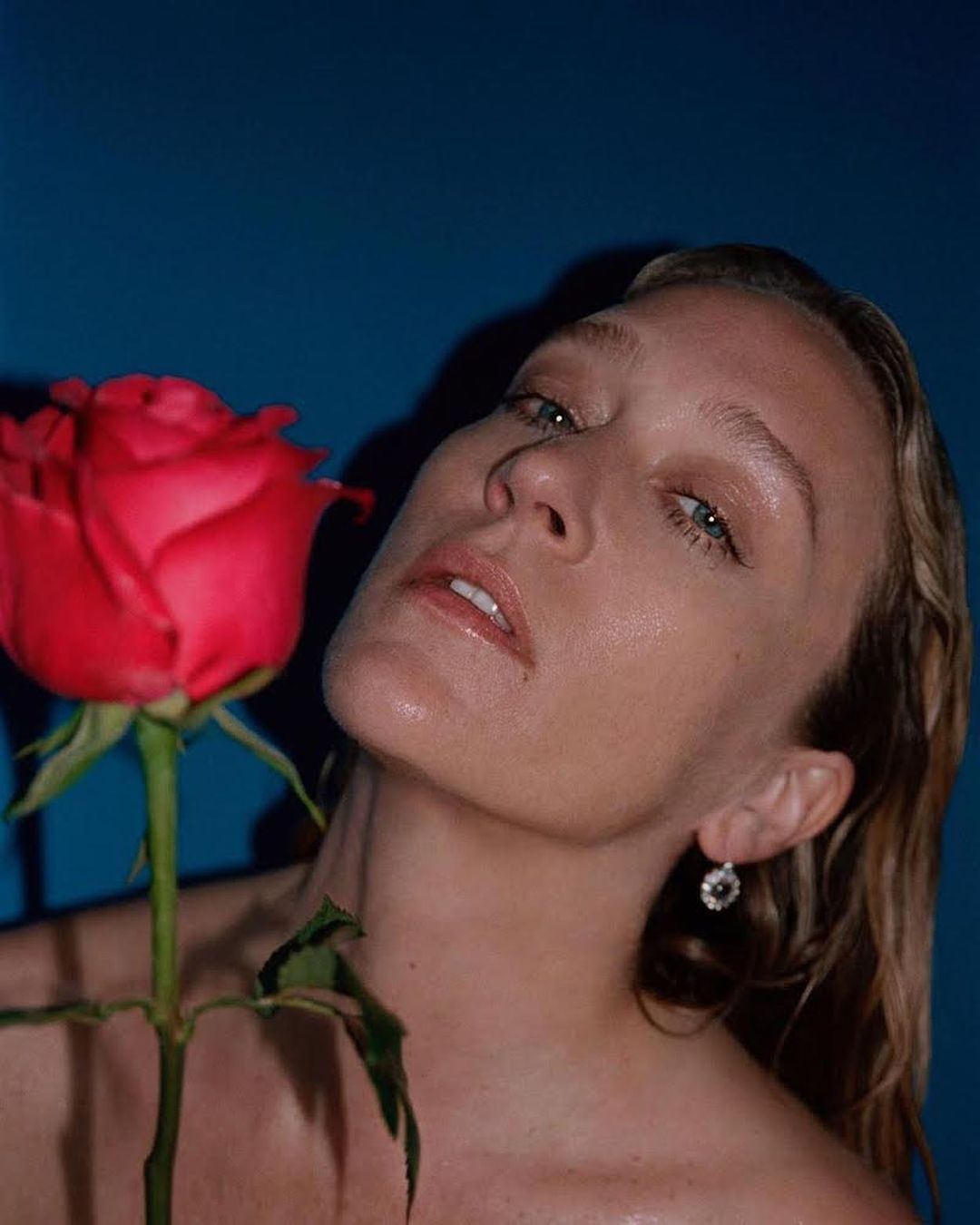 Adult woman with blond hair poses in front of a blue background, holding a red rose. Studio lighting enhances her features.