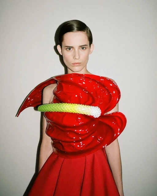 Elegant adult female poses indoors wearing a unique red sculptural top and matching A-line skirt, against a neutral wall backdrop.