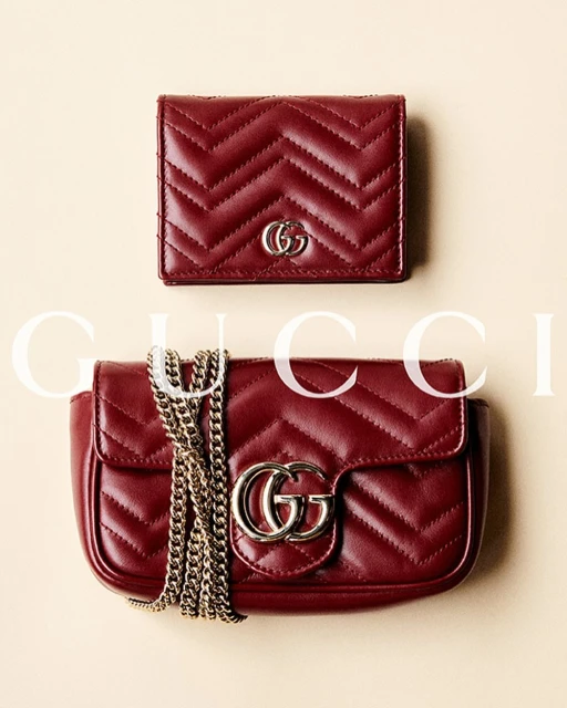 Gucci Marmont mini shoulder bag and card case wallet in lipstick red leather with chevron pattern and silver GG hardware.