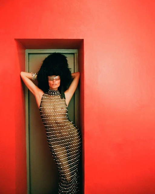 Fashionable adult female poses in a sheer beaded gown, massive fur hat, and sunglasses against a red wall and grey door frame.