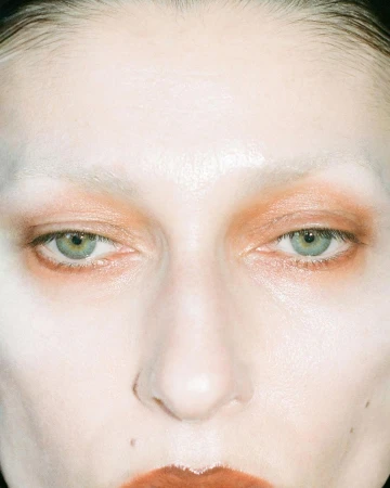Close-up portrait of a person with light skin, bleached eyebrows, and rust-colored eyeshadow and lipstick against a neutral background.