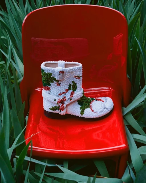 Whimsical display of a white boot decorated with greenery and red berries, set on a bright red chair against a lush green foliage backdrop.