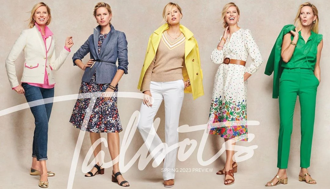 Fashion layout showcasing five blonde adult females in various outfits, including blazers, dresses, pantsuits, jeans, and heels, on a neutral backdrop.