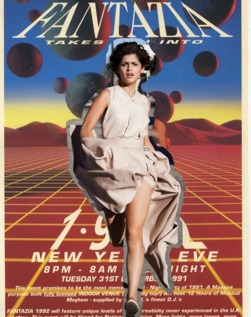 Collage-style poster for 'Fantazia' New Year's Eve event shows a woman walking over event text, set against a grid and planet backdrop.
