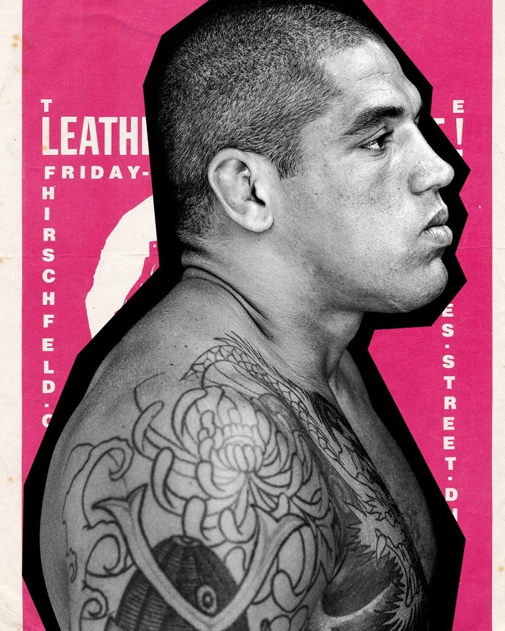 Monochrome portrait of adult male with visible tattoos on shoulder and upper chest against a pink background with text.
