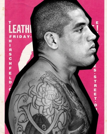 Monochrome portrait of adult male with visible tattoos on shoulder and upper chest against a pink background with text.