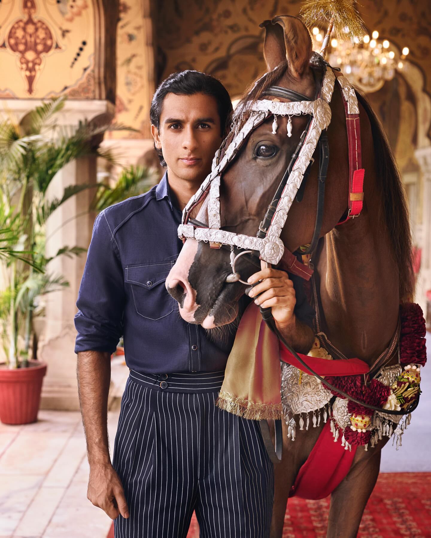 Adult male poses with a brown horse adorned with a decorative bridle indoors. He wears a navy shirt and striped pants in eye-level shot.