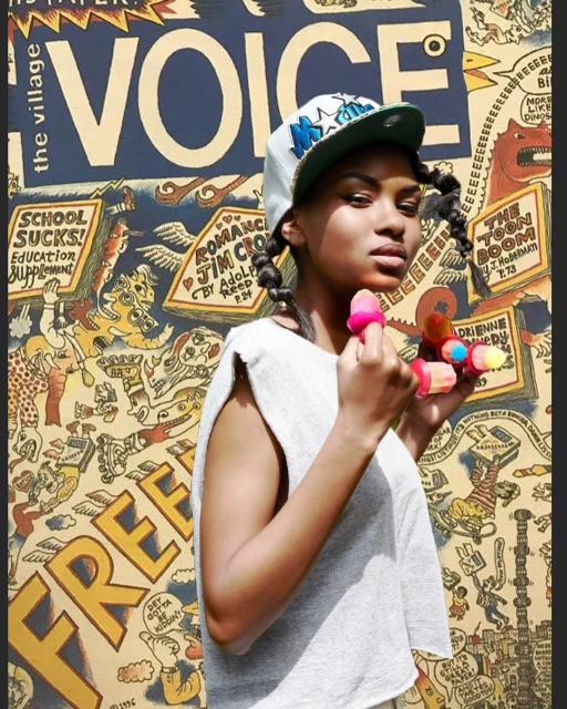 Young woman in ball cap holds popsicles in front of vintage-style magazine-layout backdrop with sketched figures and bold text.