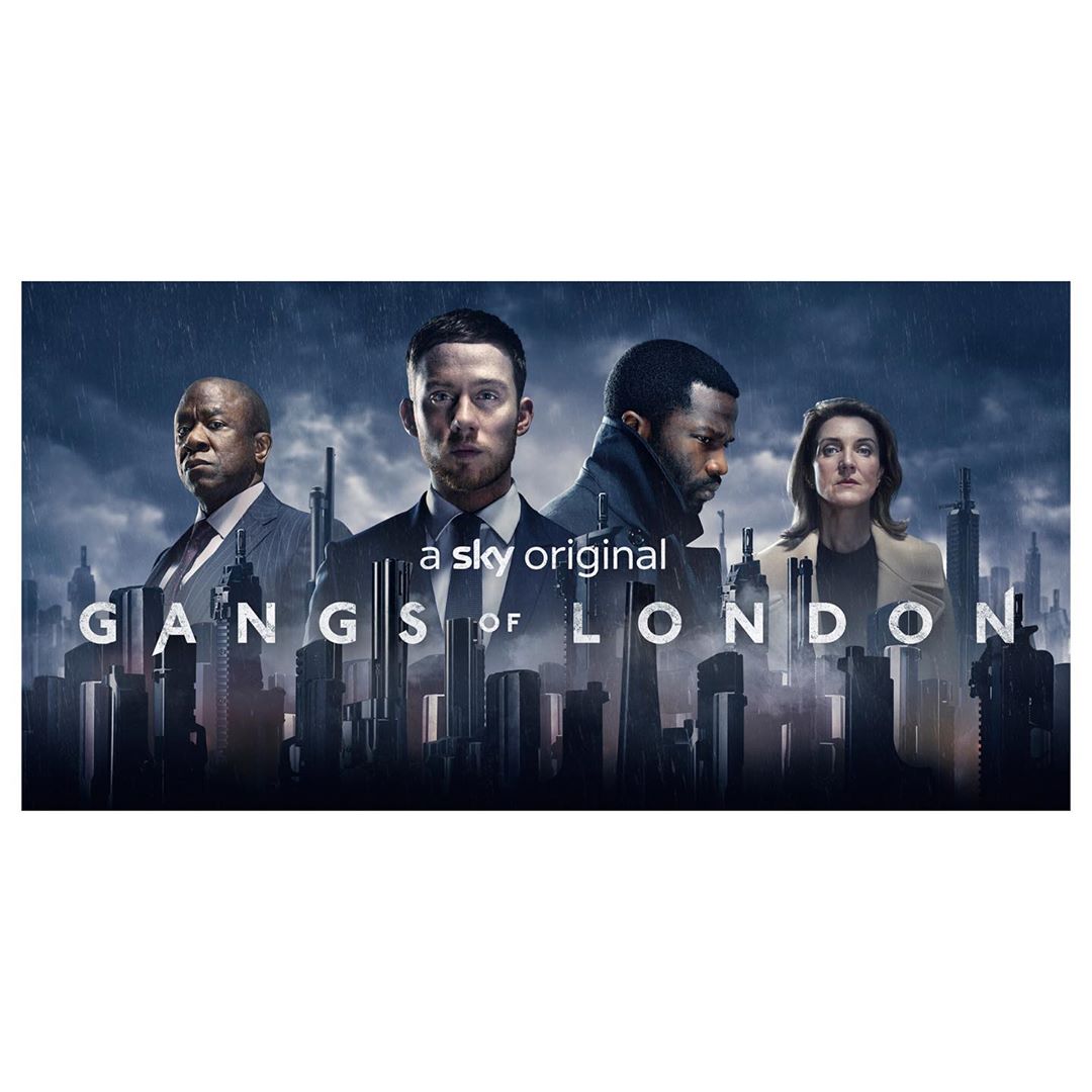 Promotional image for the series Gangs of London, featuring four actors in front of a stylized London cityscape under a cloudy sky.