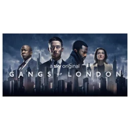 Promotional image featuring four actors against a dark London skyline backdrop with large white text reading Gangs of London.