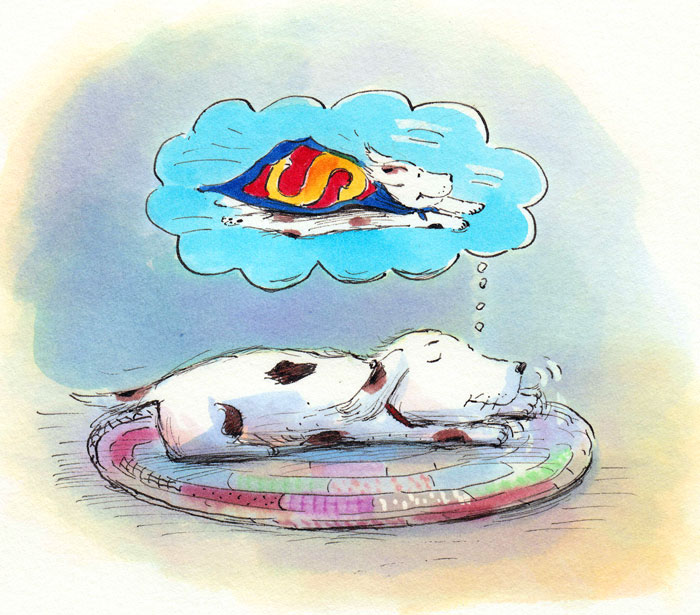Illustration of a white dog with brown spots sleeping on a dog bed, dreaming of being a superhero with cape and emblem.