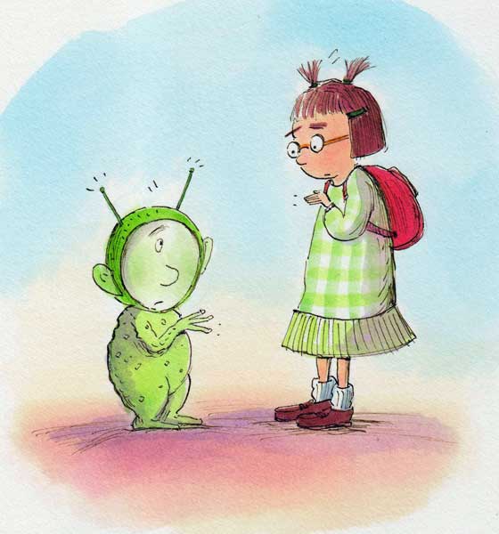 Illustration of a young girl with glasses and a backpack talking to a green alien-like creature, set against a soft blue sky.